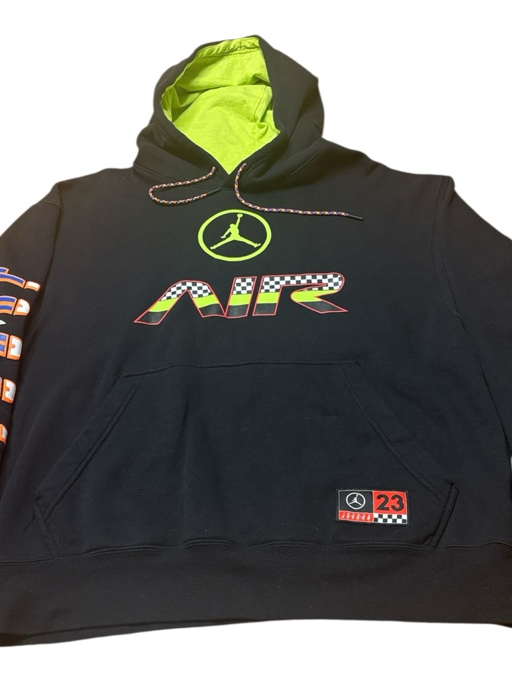 Jordan Men's Black Large Hoodie with Neon Lime Lining and Multicolor AIR Graphic - Picture 3 of 9